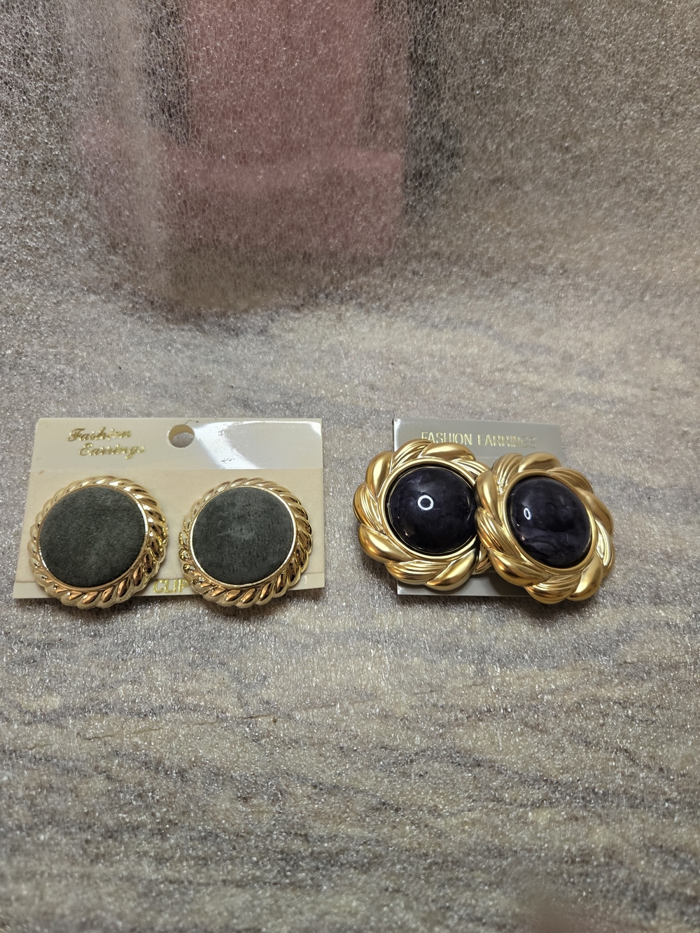 Gold-Tone Round Clip Earrings with Dark Gray and Black Centers - Unbranded